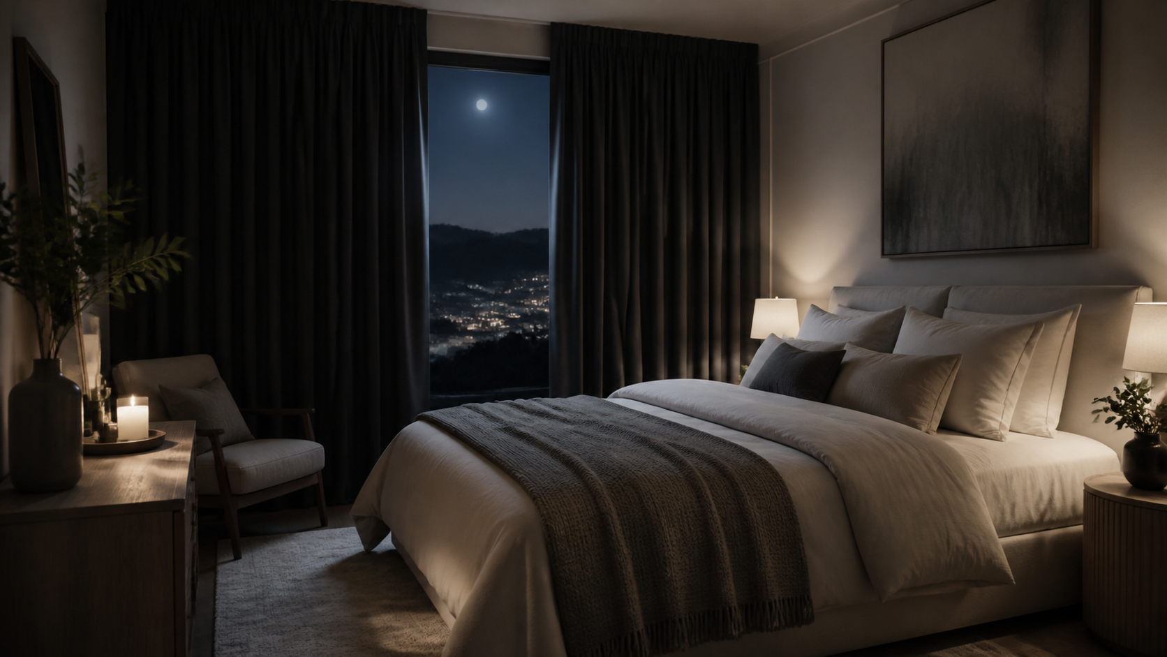 Bedroom interior at night with a made bed, lit lamps, chair, candles, and a window showing a moonlit cityscape.