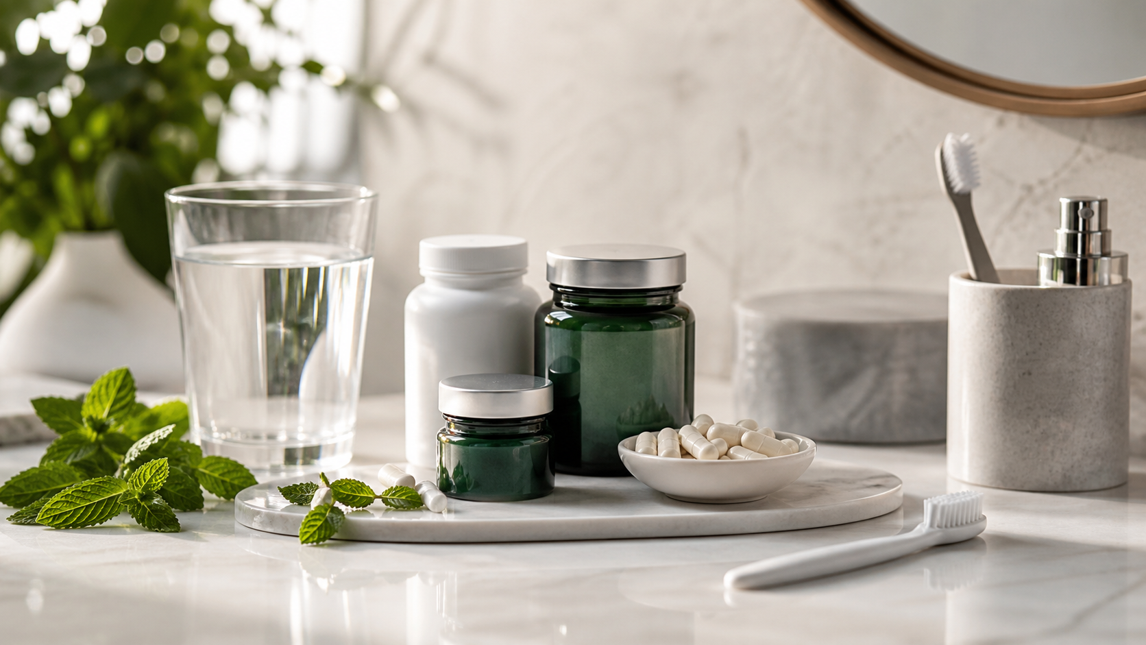Glass of water, pill bottles, capsules on a dish, toothbrushes, and green leaves on a bathroom counter.