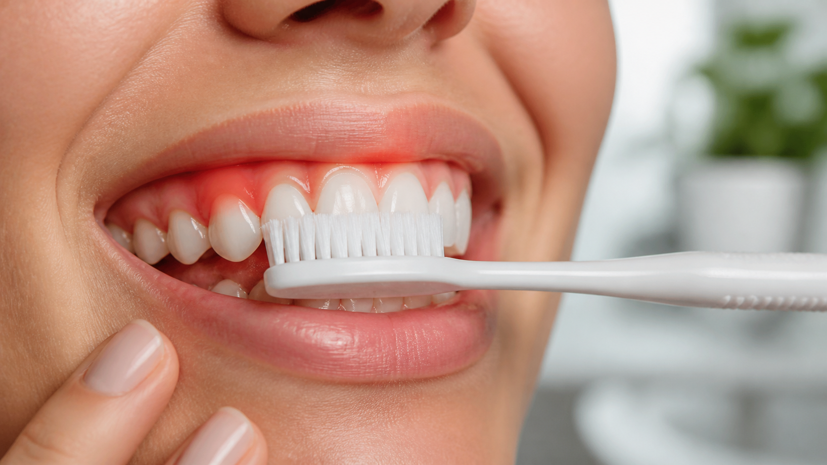 Close-up of a person brushing upper front teeth with a white toothbrush.