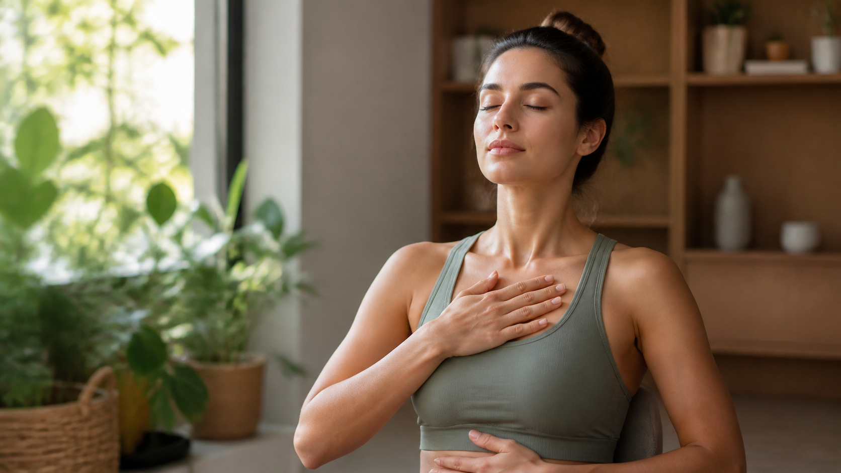 A woman with eyes closed places one hand on her chest and the other on her abdomen indoors.