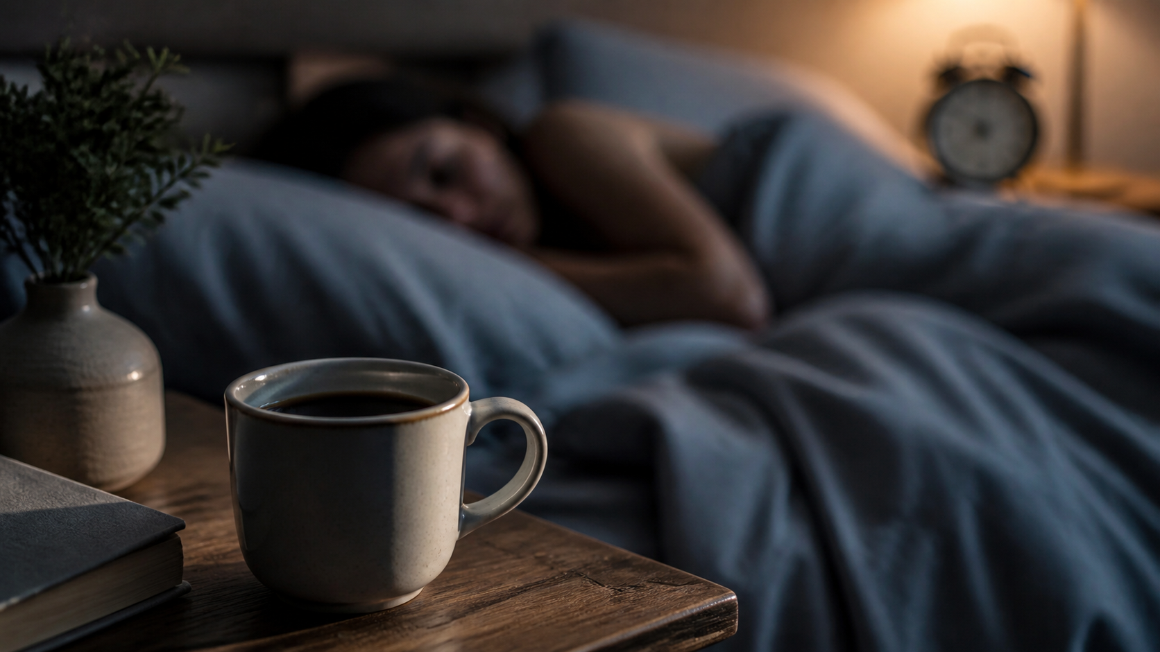 A person sleeping in bed with a cup of coffee on a nearby wooden nightstand.
