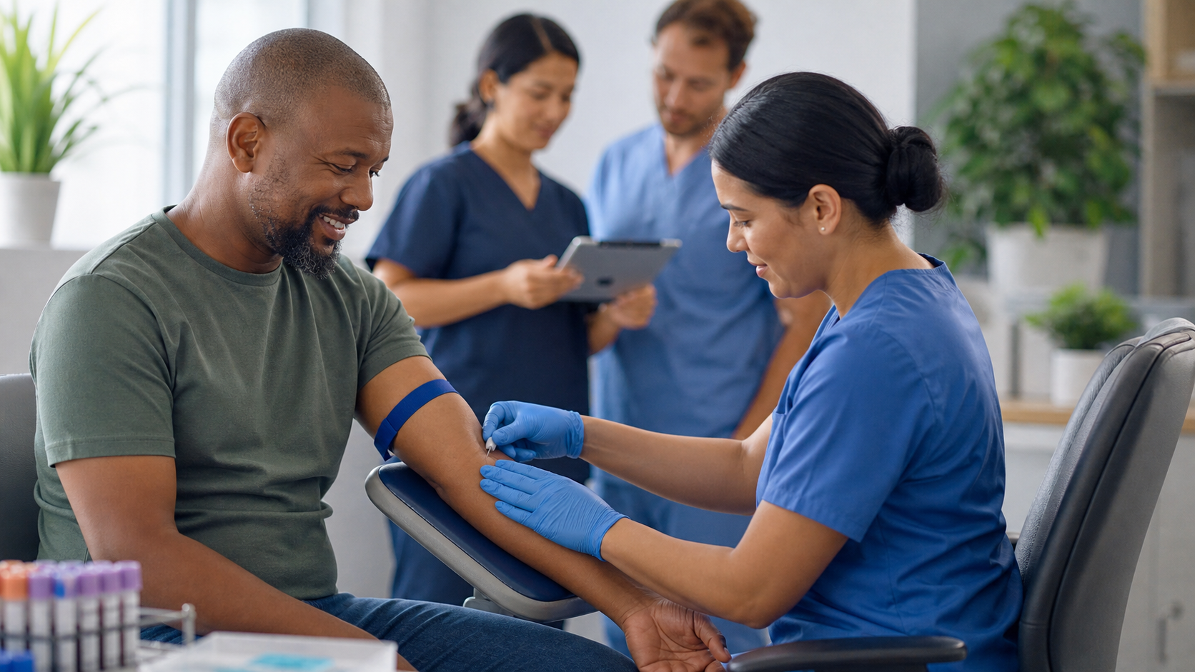 A healthcare worker in blue scrubs prepares to draw blood from a seated man’s arm.