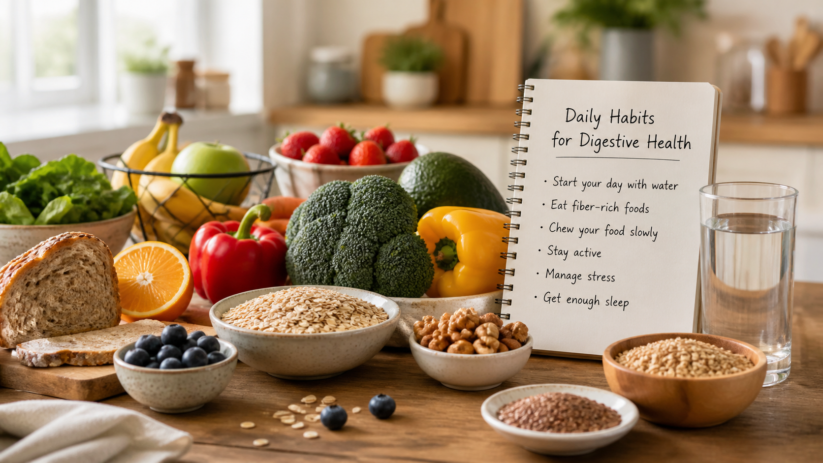 A kitchen table with fruits, vegetables, nuts, grains, a notebook with digestive health tips, and a glass of water.