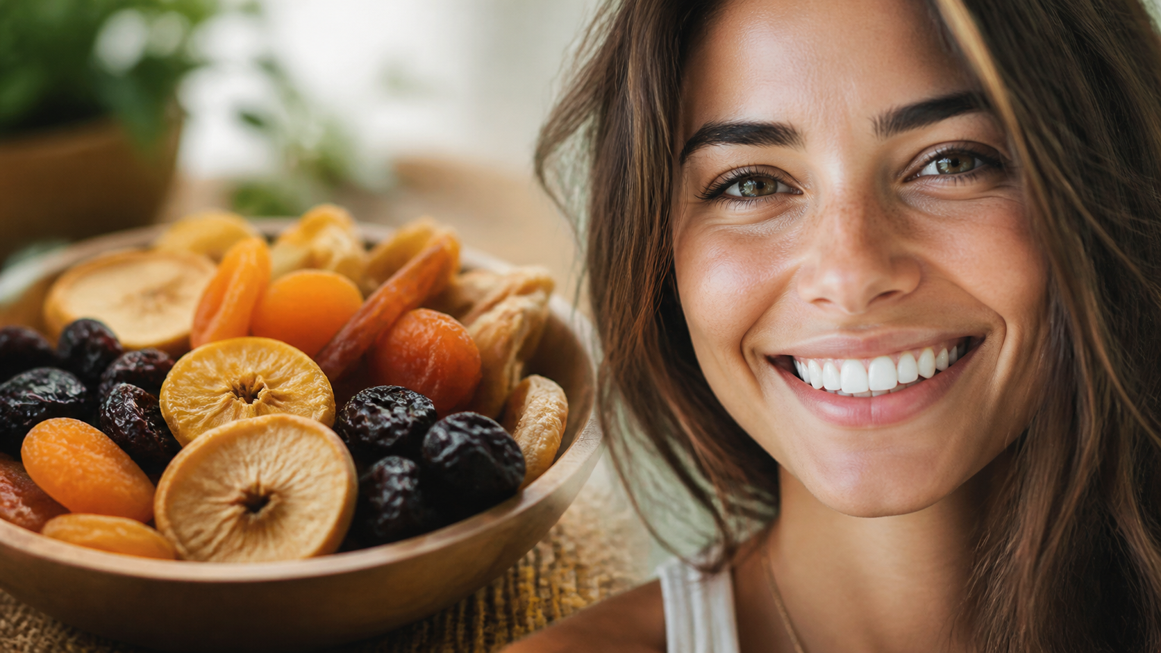 Smiling woman resting chin on hand beside bowl of assorted dried fruit on table.