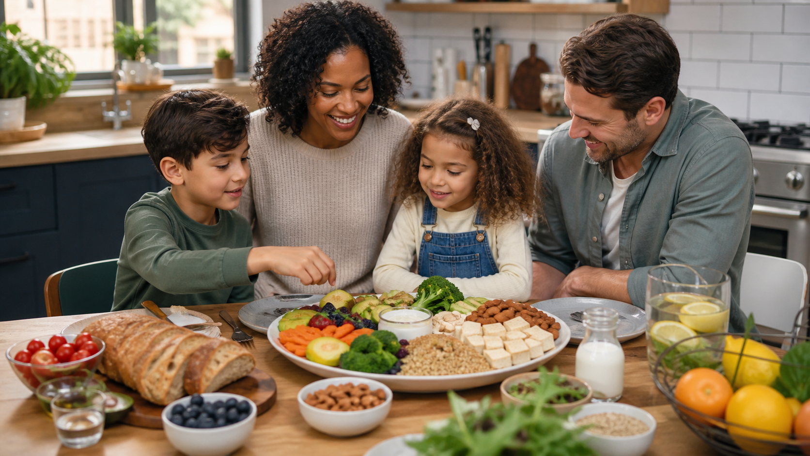 A family of four sitting at a table with a large platter of vegetables and nuts, smiling and interacting.