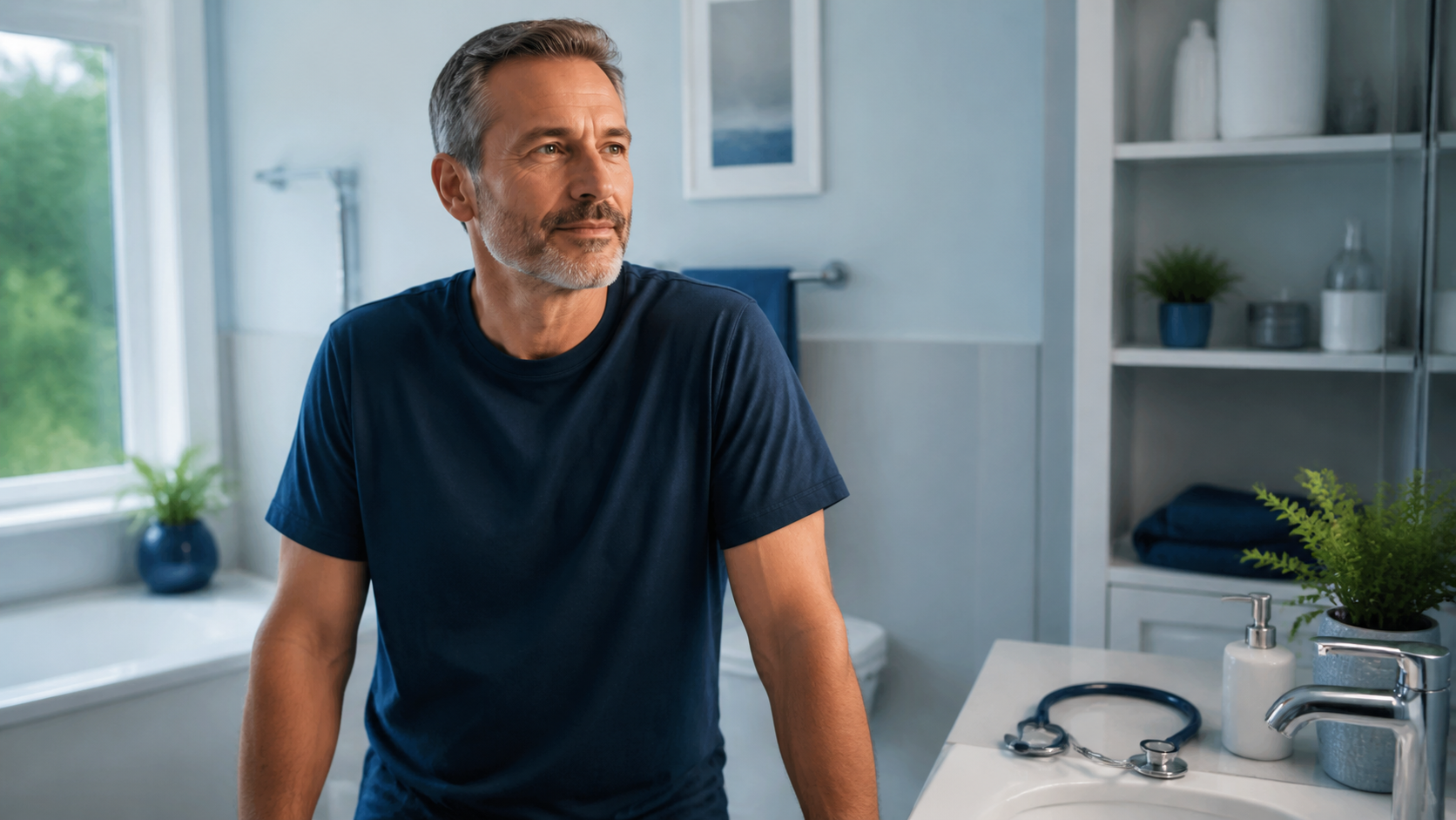 A middle-aged man in a navy shirt leans on a bathroom sink, looking thoughtfully to the side.