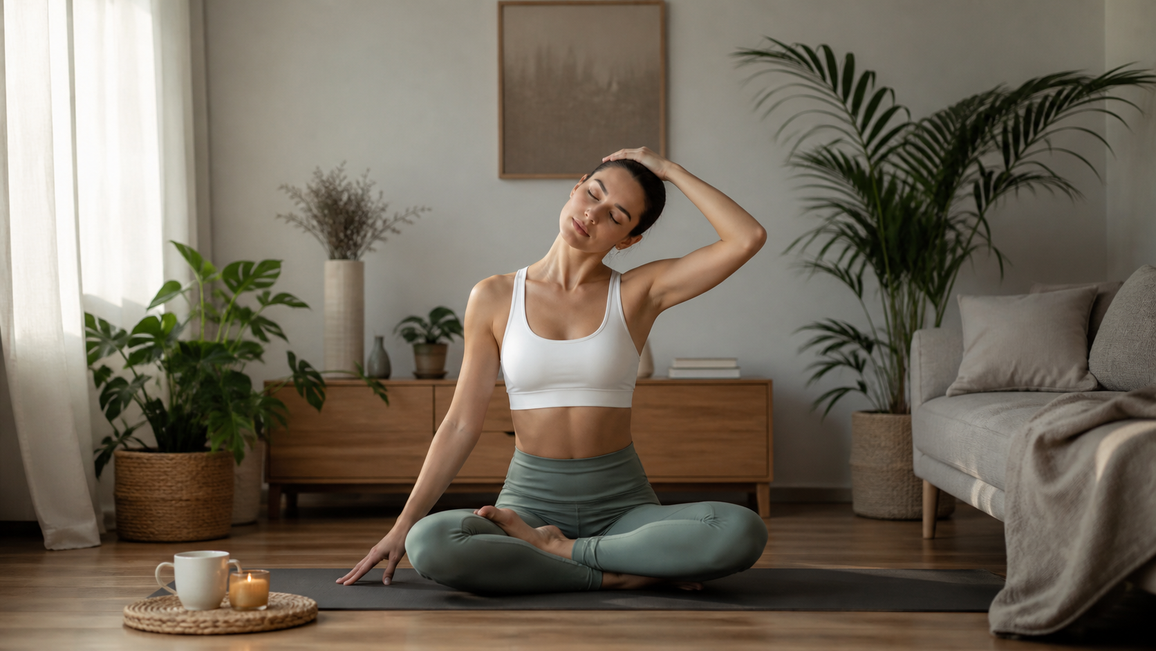A woman in workout clothes sits cross-legged on a yoga mat stretching her neck indoors.