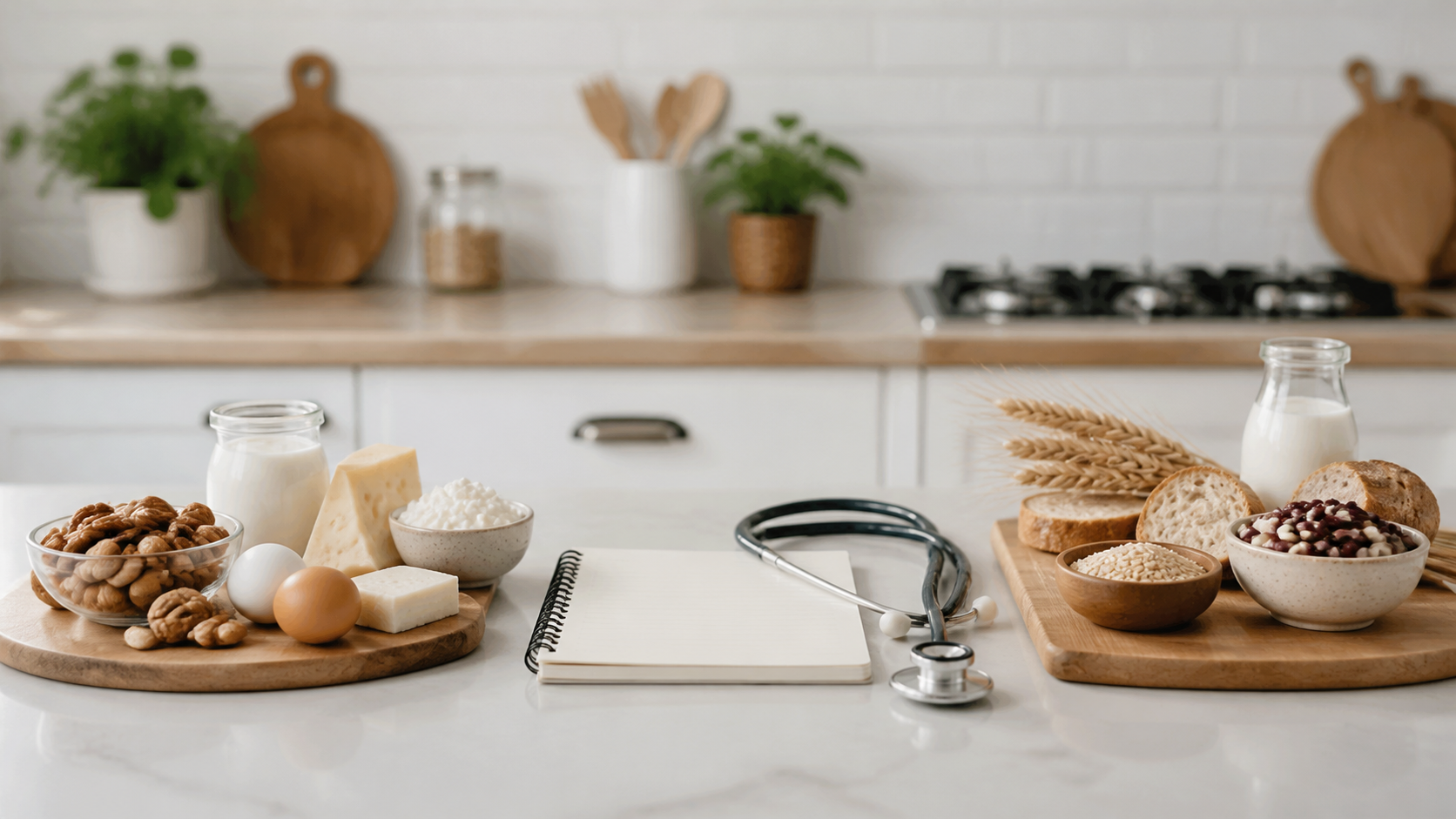 Two wooden boards with various nuts, dairy products, bread, grains, a notebook, and a stethoscope on a kitchen counter.