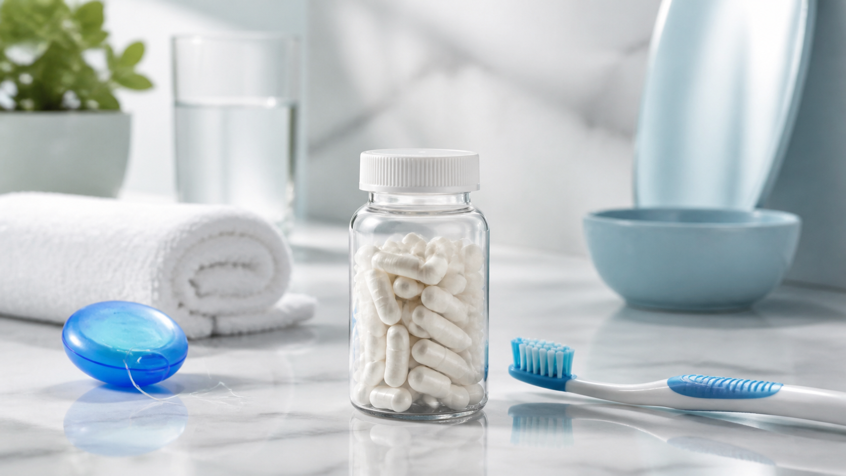 Clear bottle filled with white capsules on a marble surface surrounded by dental floss, toothbrush, towel, and glass of water.