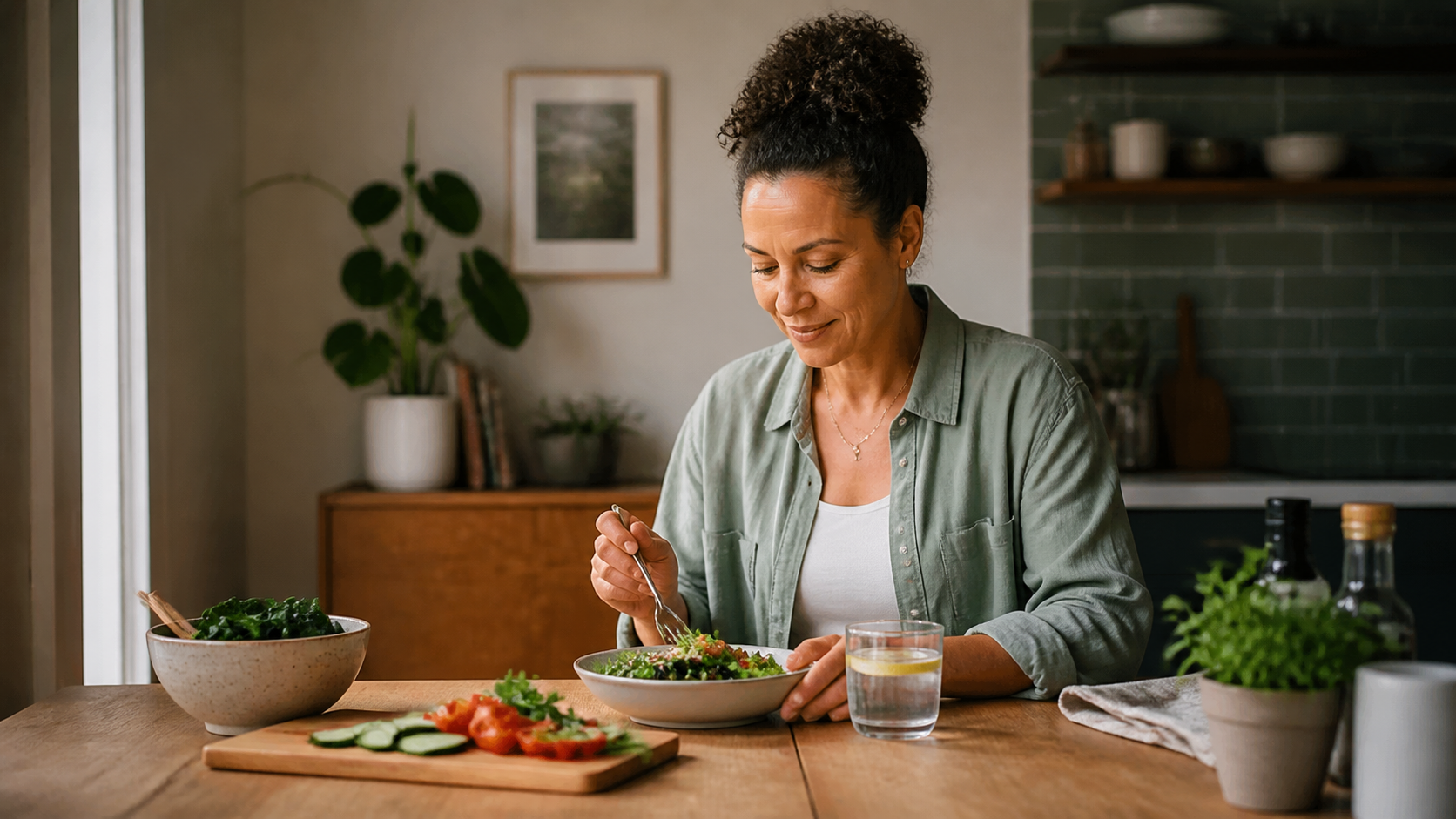 A woman sitting at a table, eating a salad with a fork, with a glass of water nearby.
