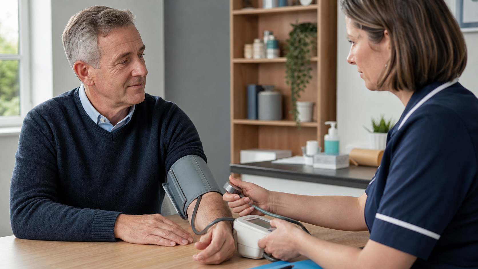 A nurse checks blood pressure of a seated man using a digital blood pressure monitor.