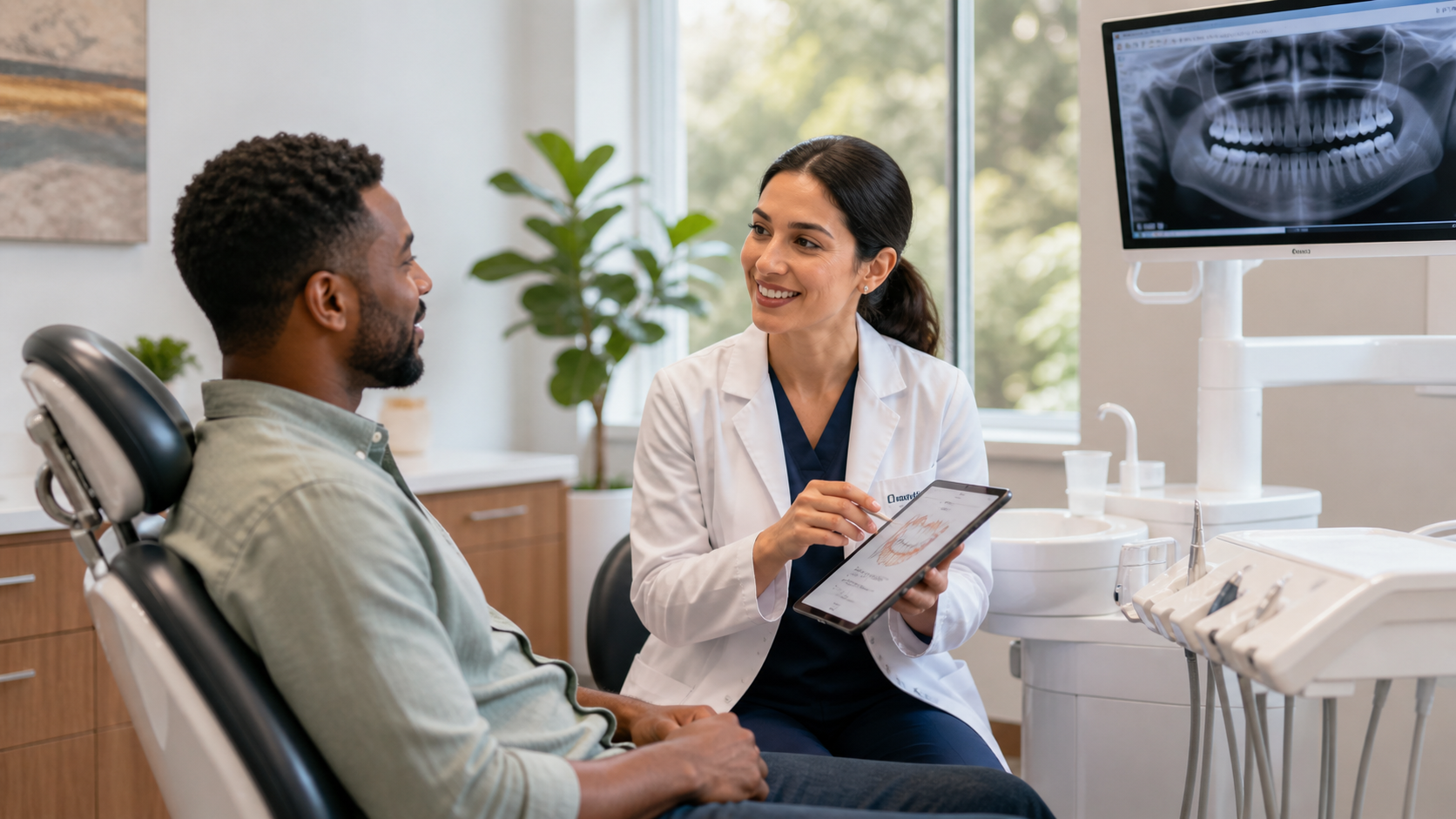 A female dentist shows a dental chart on a tablet to a male patient sitting in a dental chair.