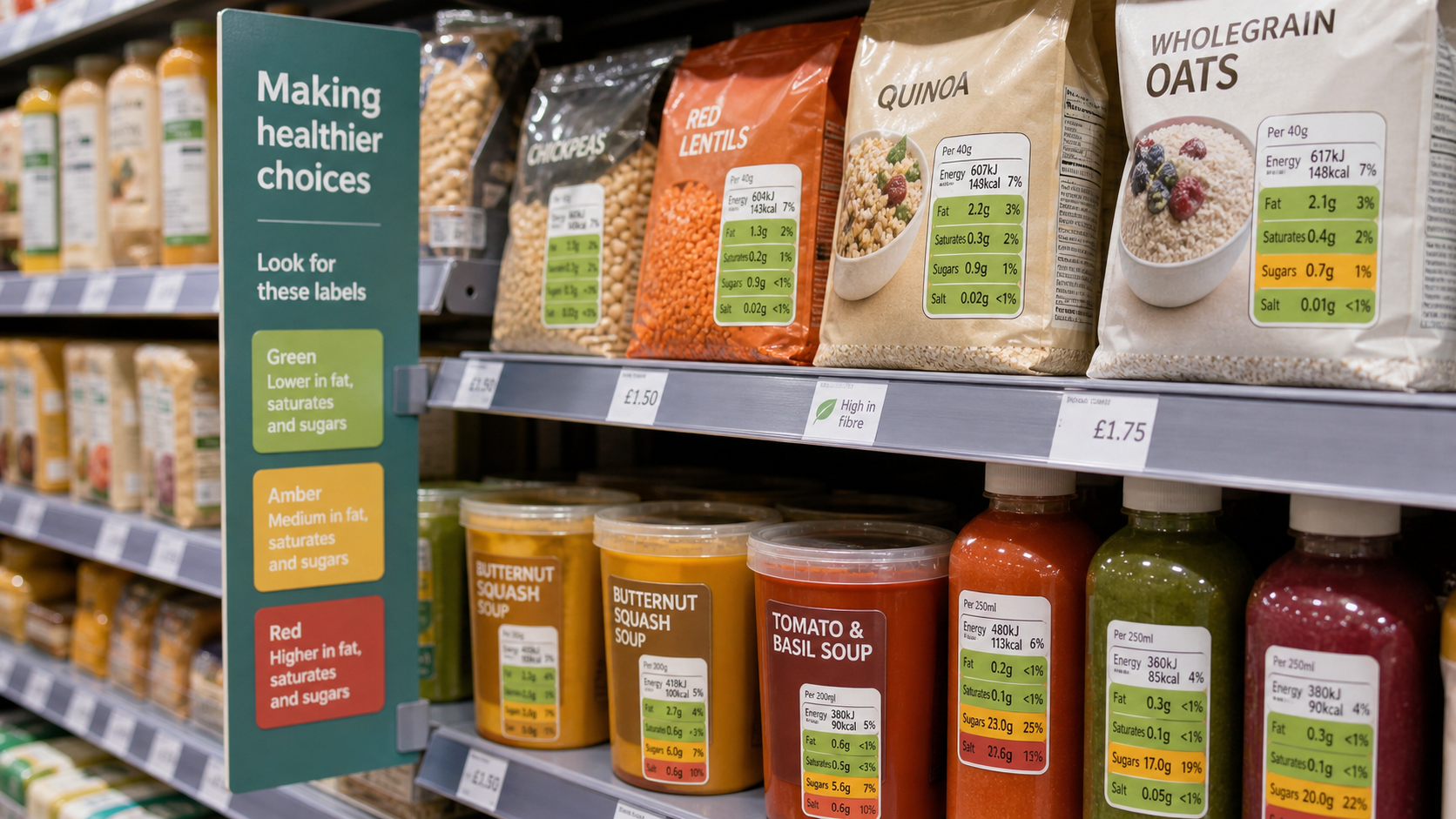 Shelf of packaged grains and soups with a sign explaining color-coded nutrition labels for fat, saturates, sugars.