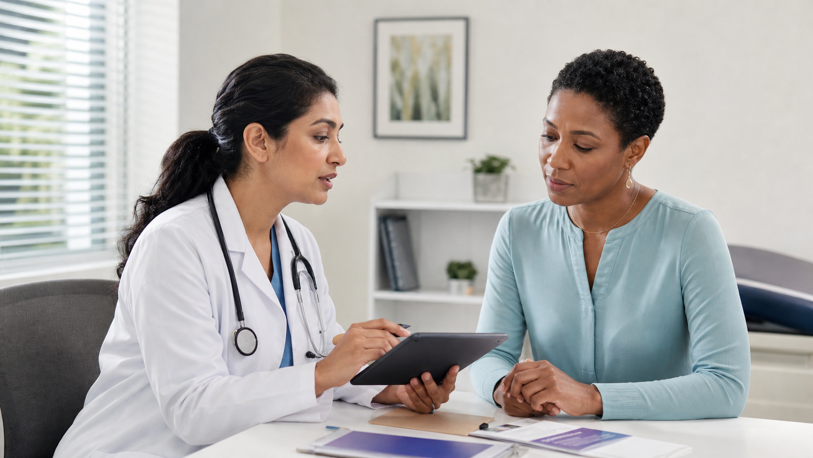 A doctor in a white coat shows information on a tablet to a seated woman in a blue shirt.