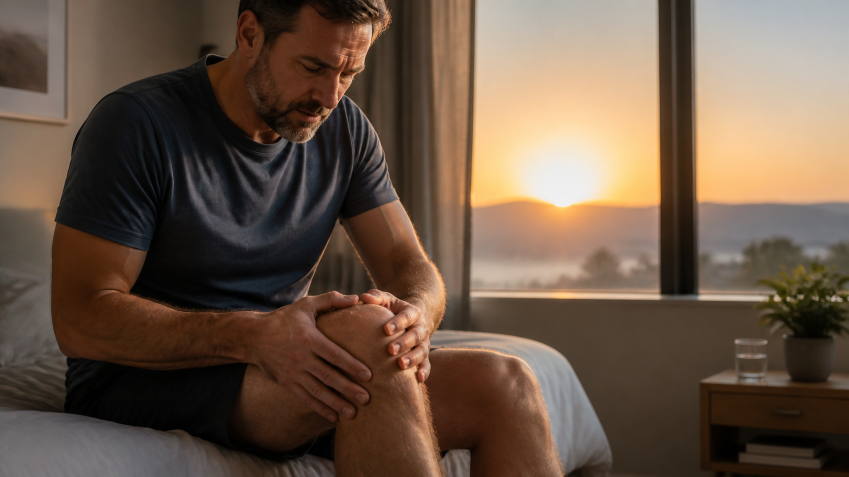 A man sitting on a bed, holding his knee with both hands, in a room lit by sunset.