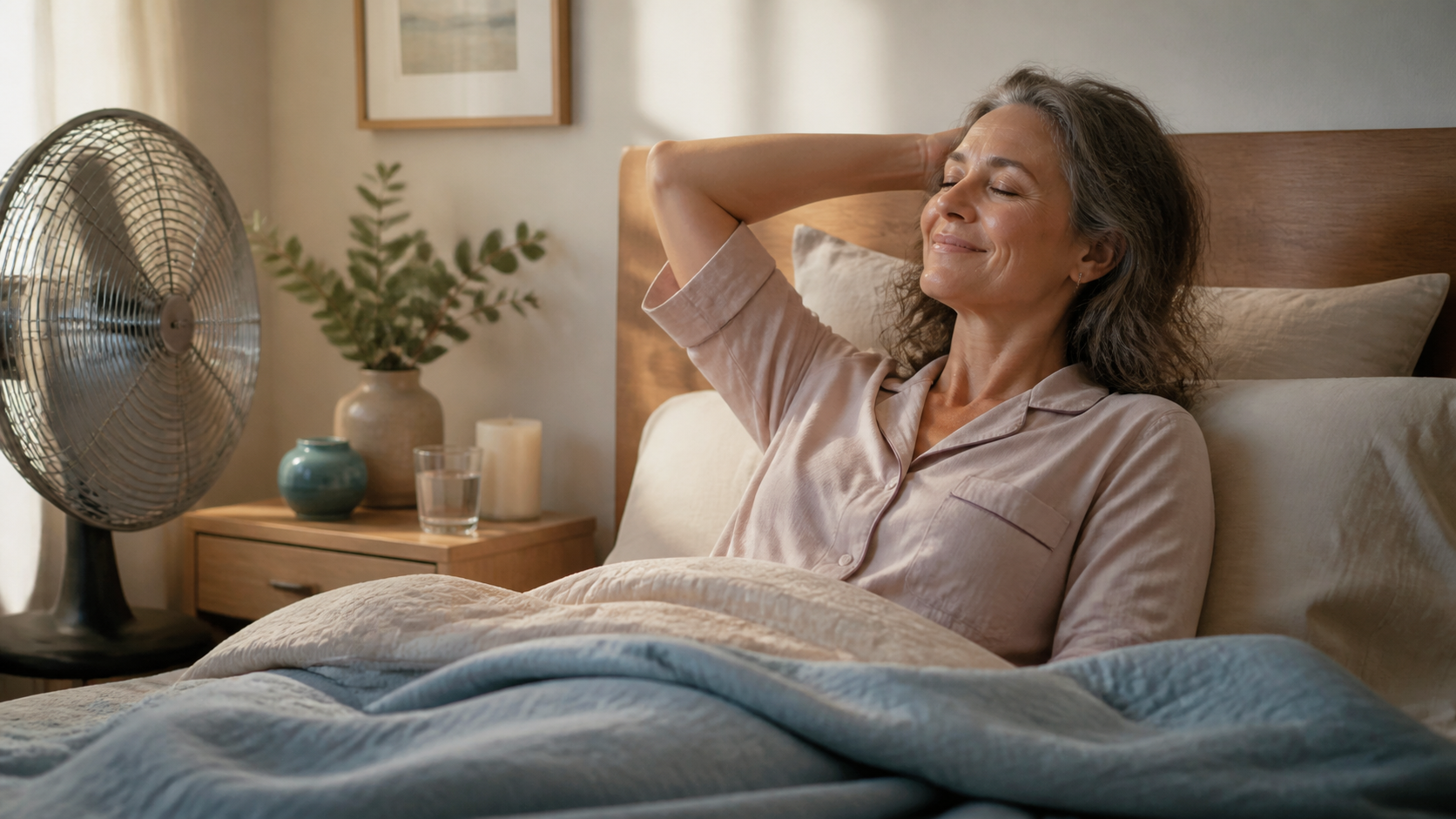 A woman in pajamas relaxes in bed with a smile, near a fan and bedside table with plants and a glass of water.