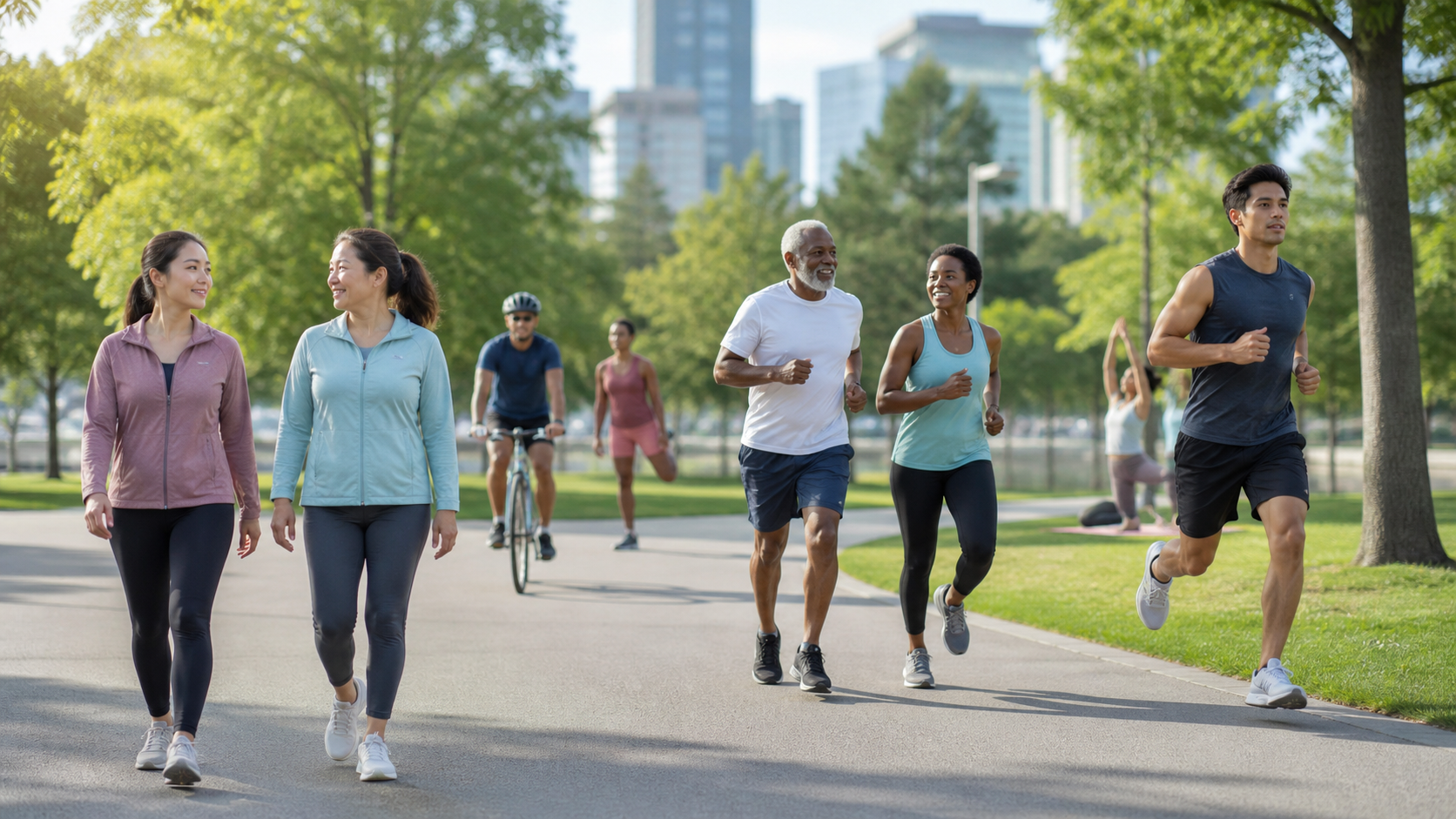People walking, jogging, cycling, and stretching on a park path with city buildings in the background.