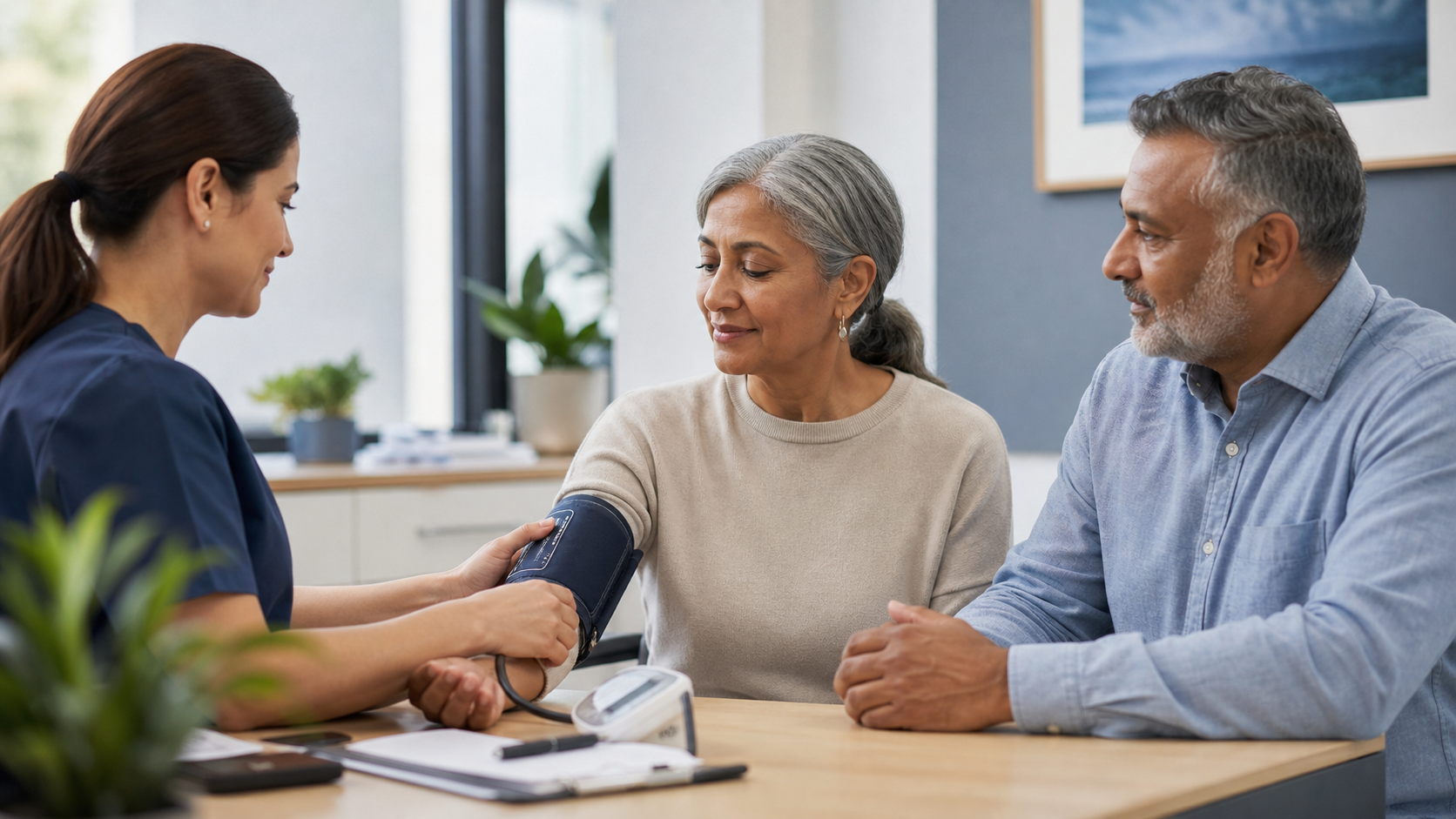 A nurse is measuring an elderly woman’s blood pressure while a man watches at a desk.