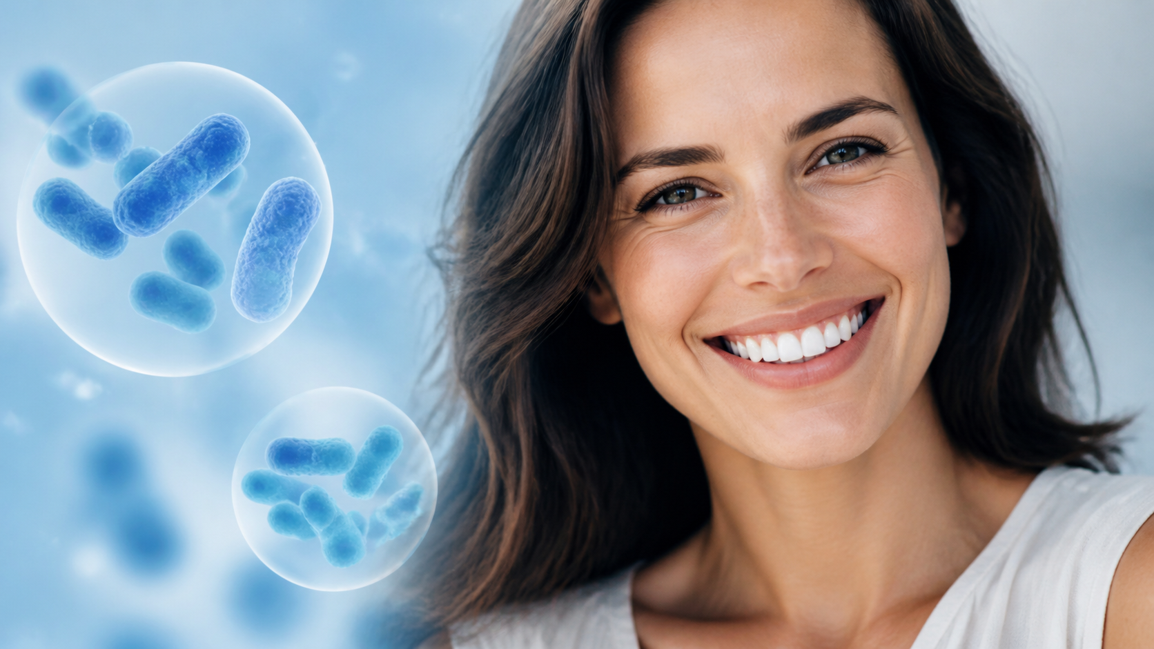 Smiling woman with dark hair next to digital illustrations of blue bacteria inside transparent spheres.