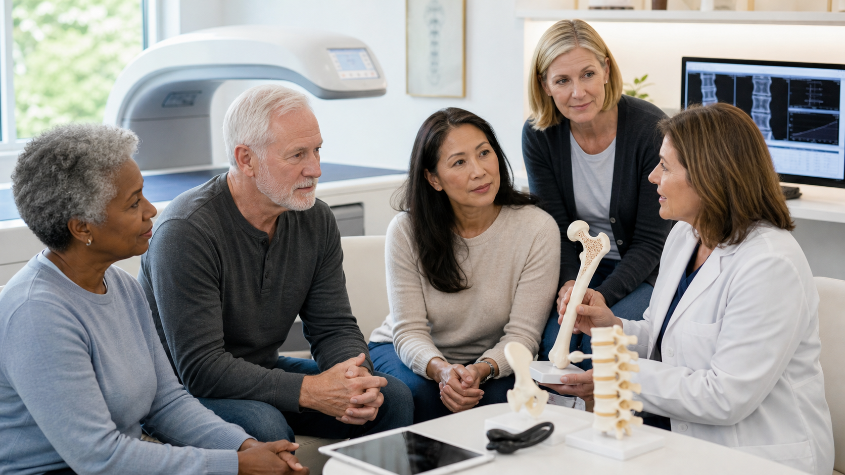 A doctor in a white coat explains a bone model to four adults sitting attentively in a medical office.