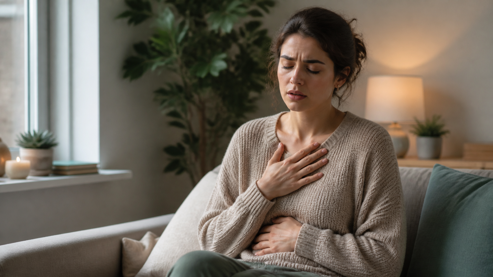 A woman sitting on a couch clutching her chest and stomach with a pained expression.