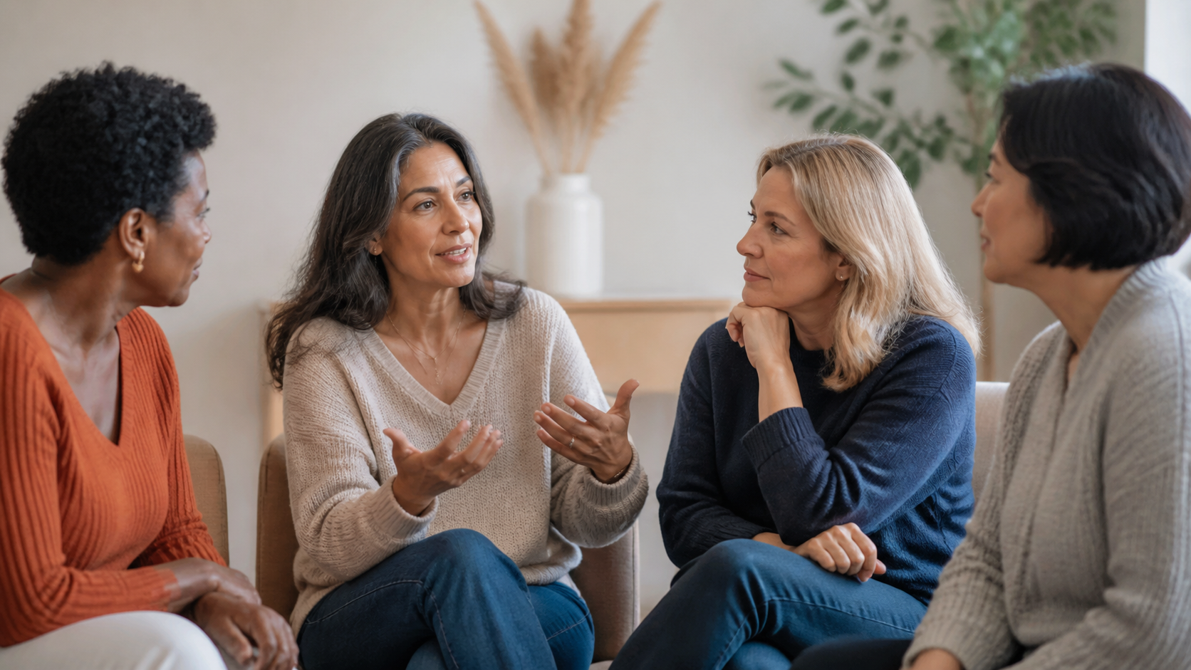Four women sitting in a circle, one woman speaking while the others listen attentively.