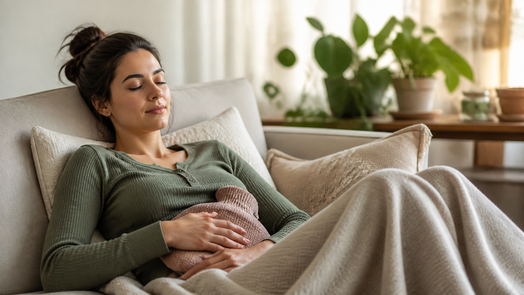 A woman with eyes closed rests on a couch holding a hot water bottle on her abdomen.