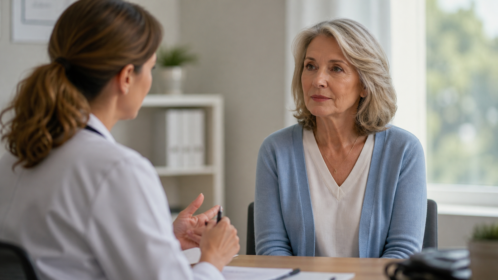 A female doctor talking to an older woman seated across a desk in a consultation room.