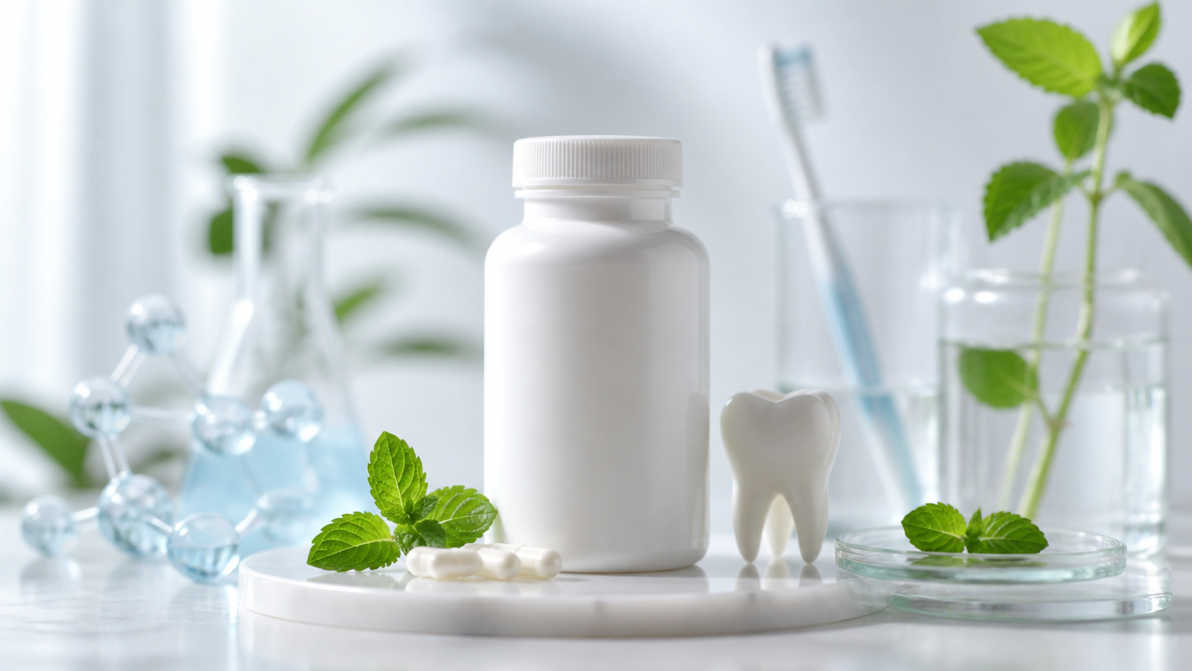 White medicine bottle next to capsules, a tooth model, green leaves, and a toothbrush in a glass container.