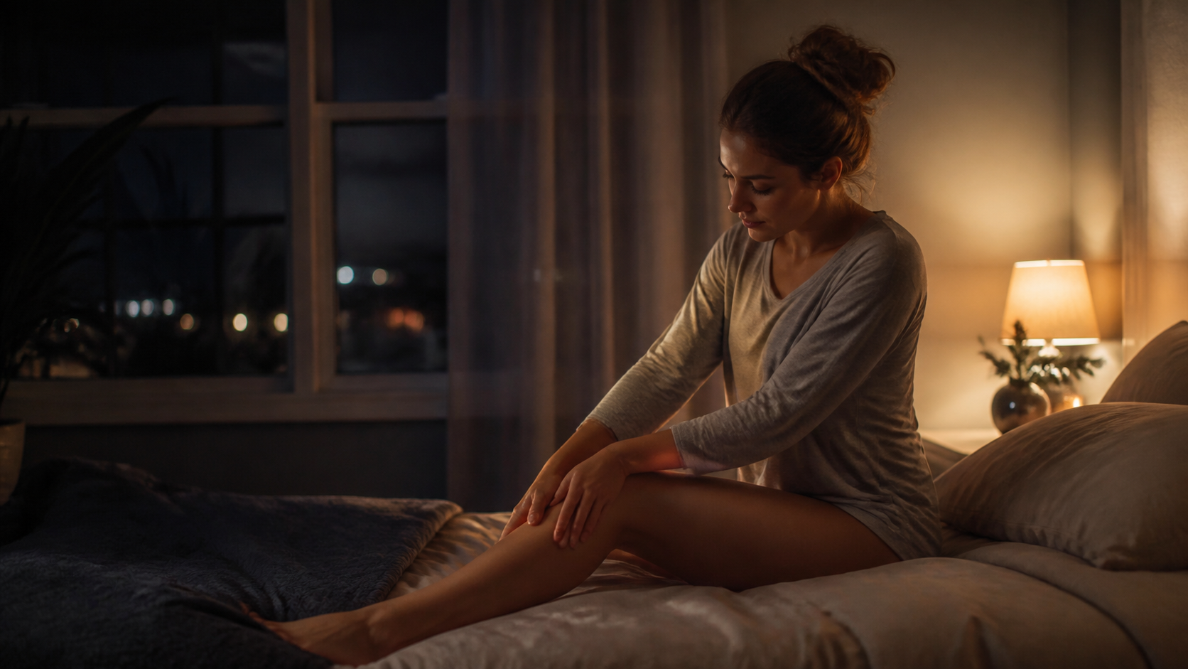 Woman in gray long-sleeve shirt sitting on bed, gently touching her leg in softly lit bedroom at night.