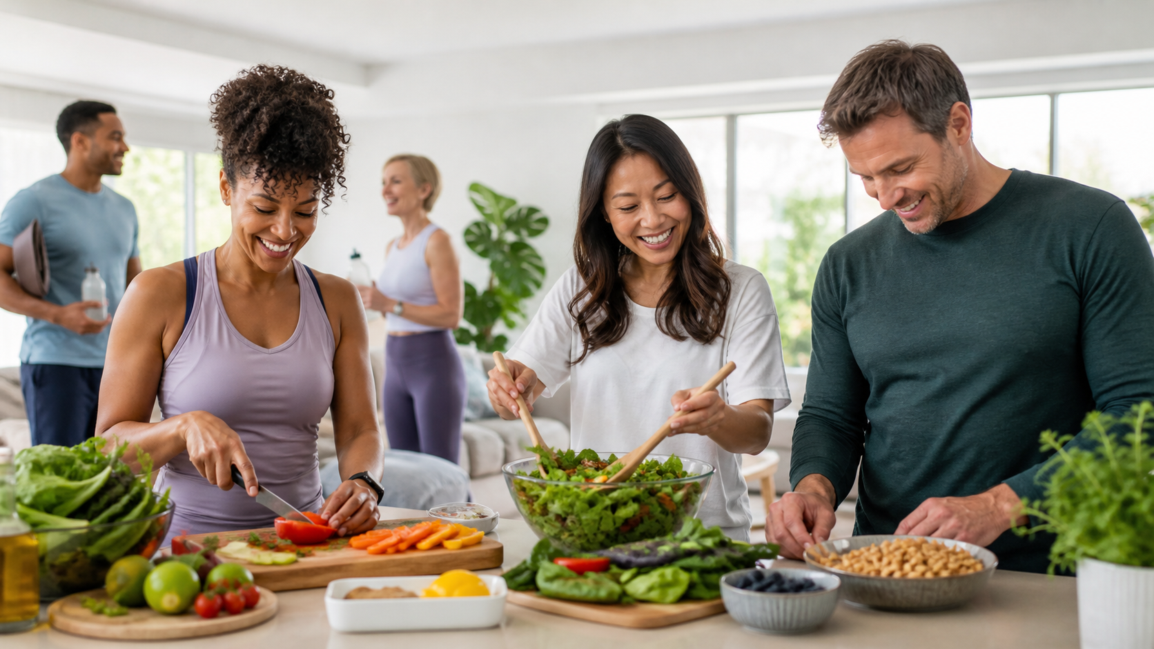 Three people preparing salad and vegetables on a kitchen counter while two others talk in the background.