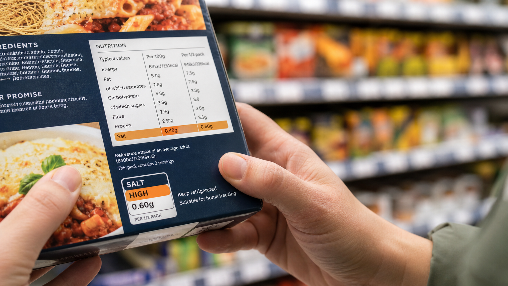 Person holding a packaged food box and reading the nutrition label in a grocery store aisle.