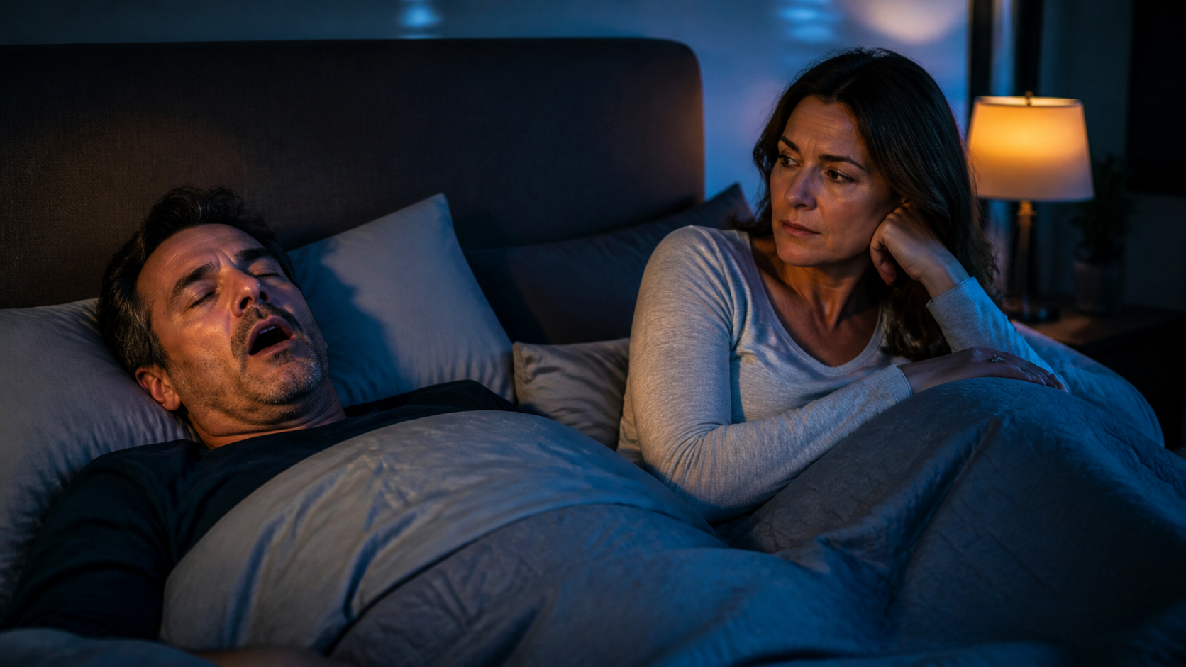 A man is sleeping with his mouth open while a woman lies awake looking at him in bed.