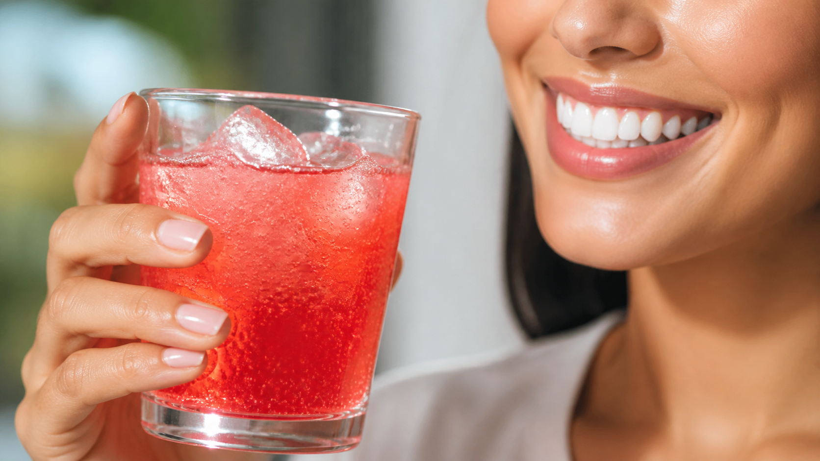 Close-up of a smiling woman holding a glass of red fizzy drink with ice