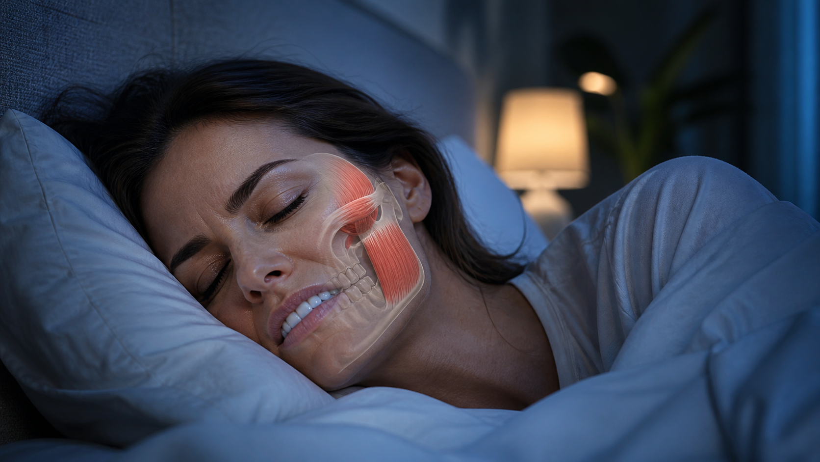 Woman sleeping in bed with a translucent overlay showing jaw muscles and teeth structure.