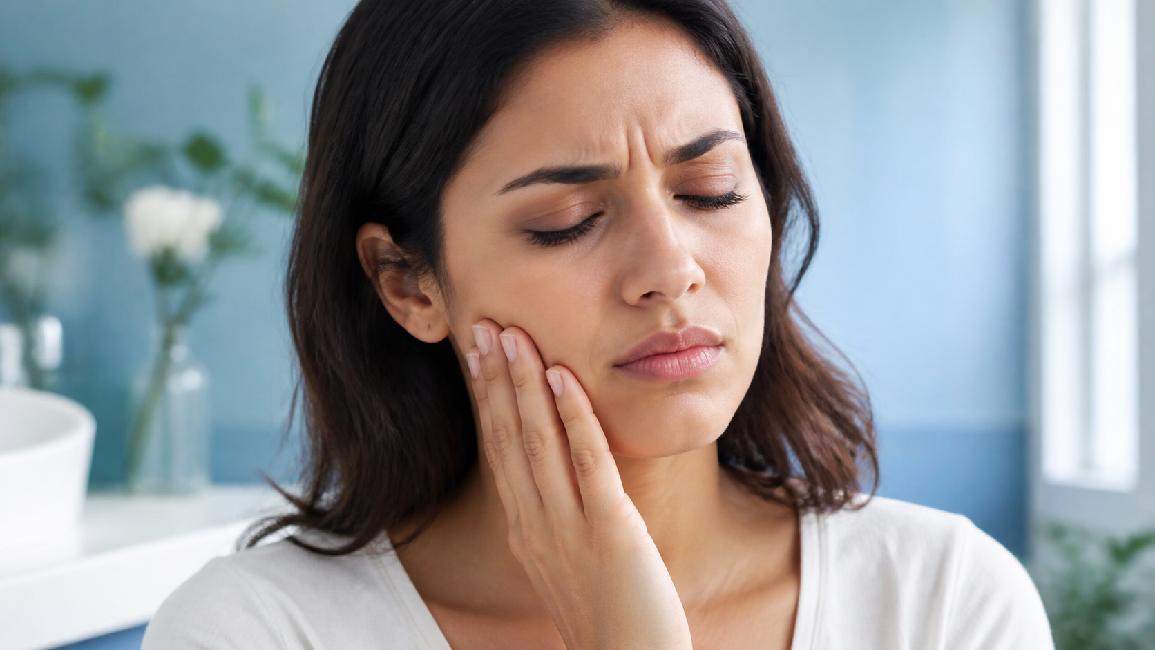 A woman with closed eyes touches her cheek with a pained expression on her face.