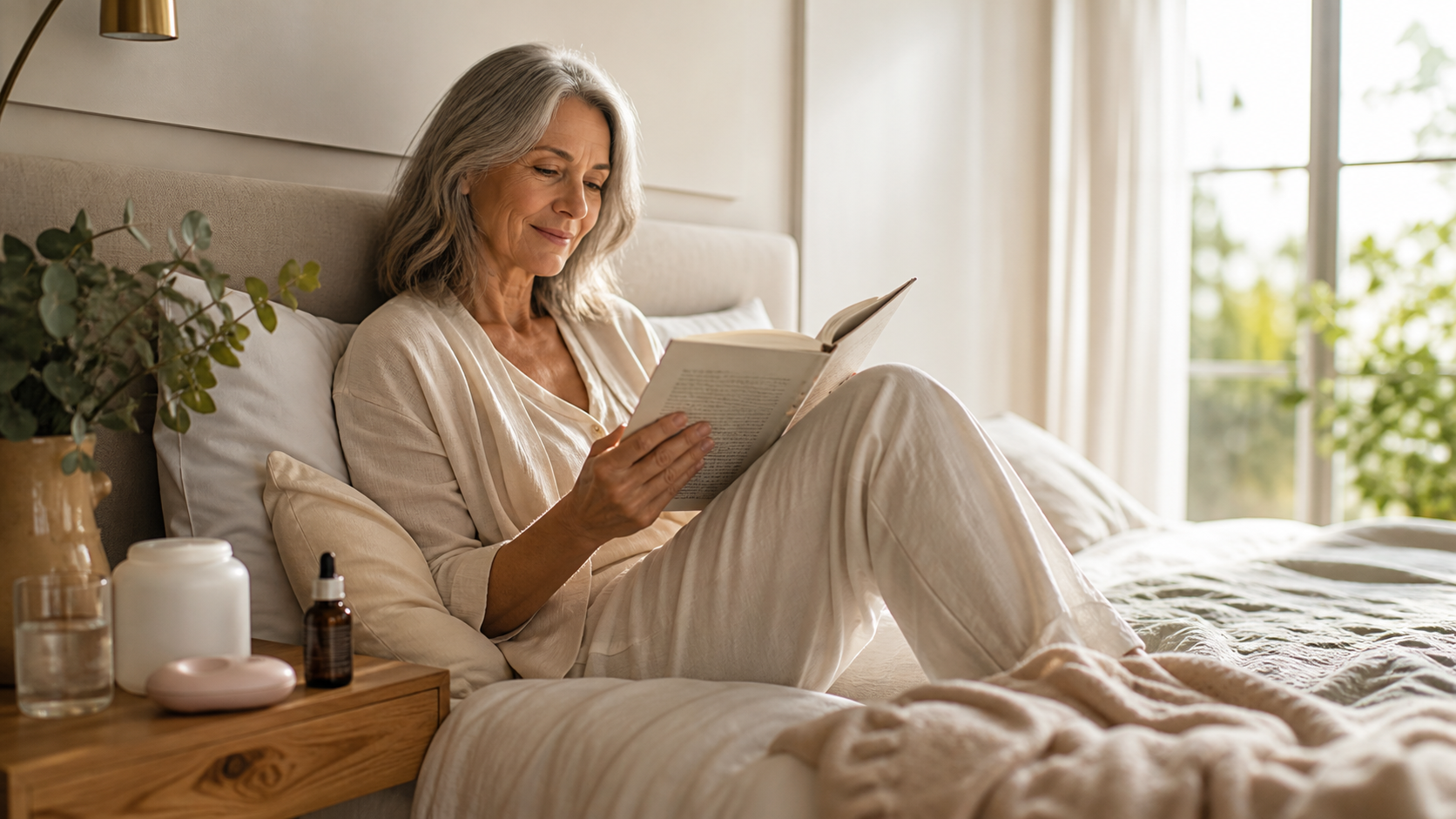 A woman in light clothes sits on a bed reading a book beside a wooden nightstand.