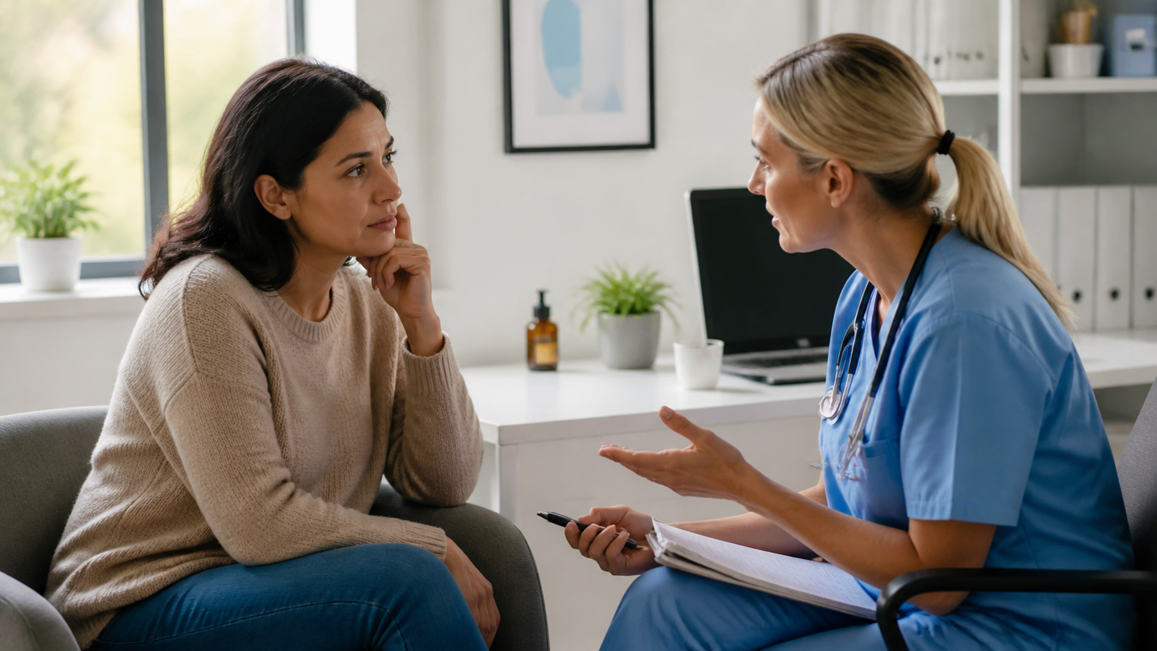 A healthcare professional in blue scrubs talks to a woman in a beige sweater seated opposite her.