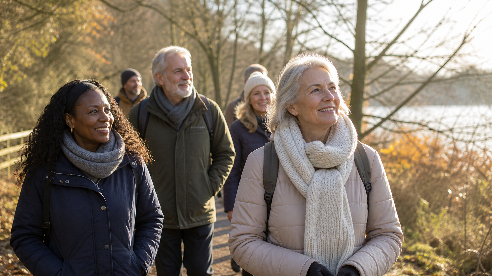 A group of six adults wearing jackets and scarves smiling while walking outdoors on a sunny day.