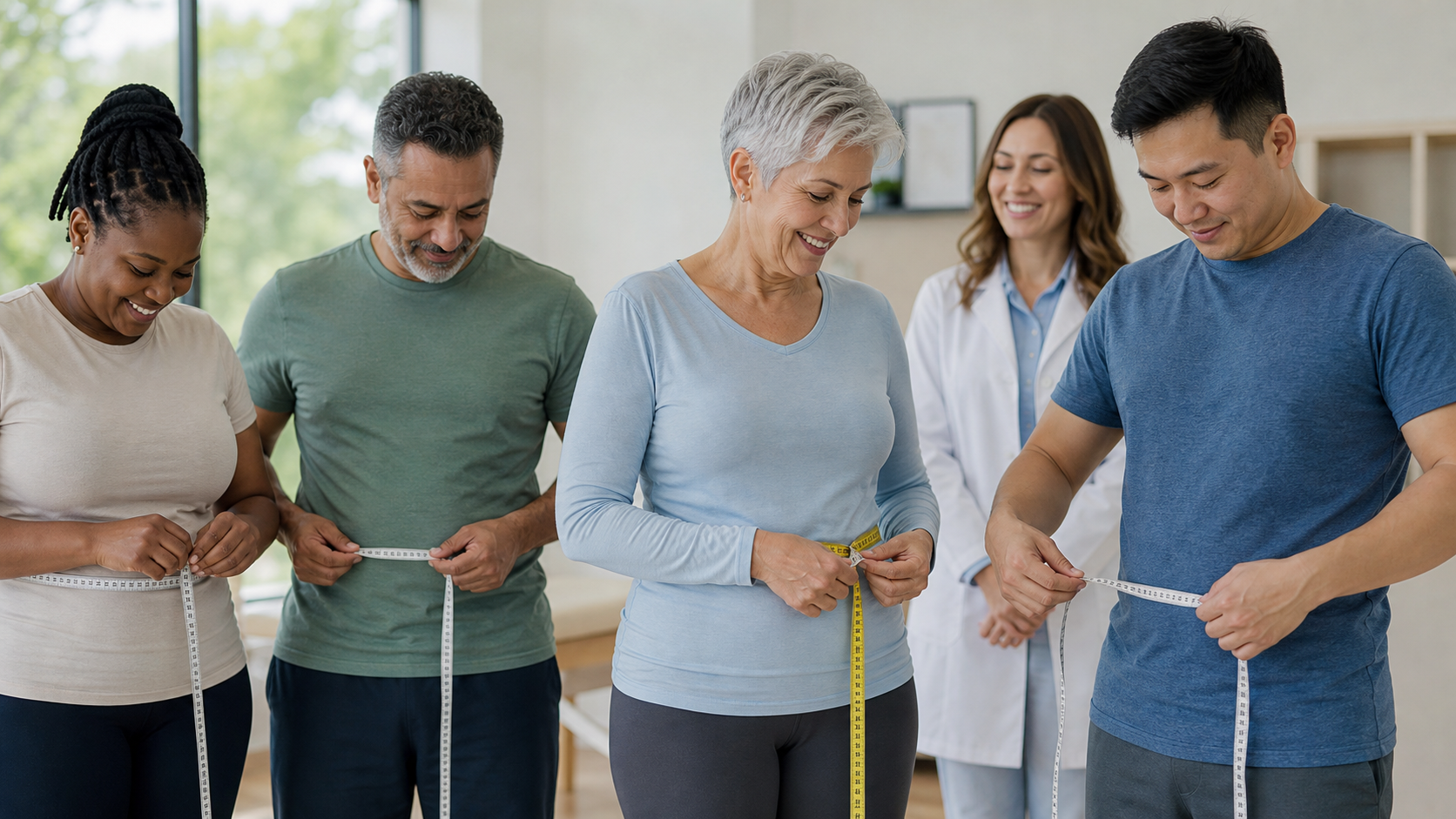 Four adults measuring their waists with tape measures while a female healthcare professional watches and smiles.