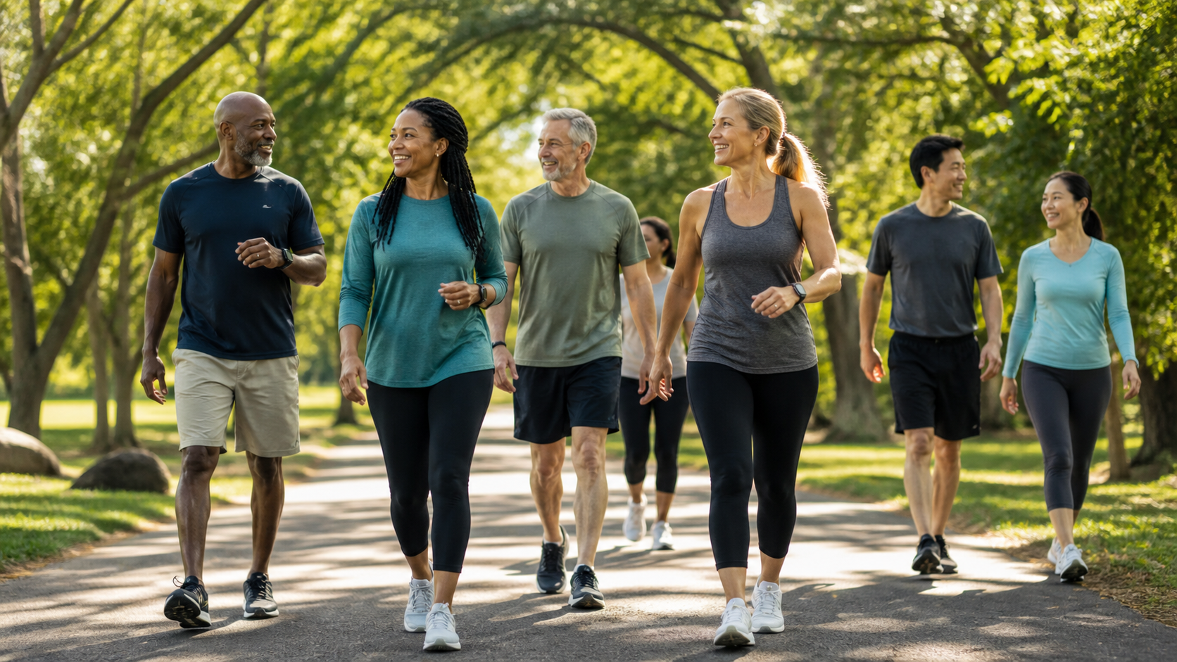 Six adults walking and talking together on a tree-lined park path during daytime.