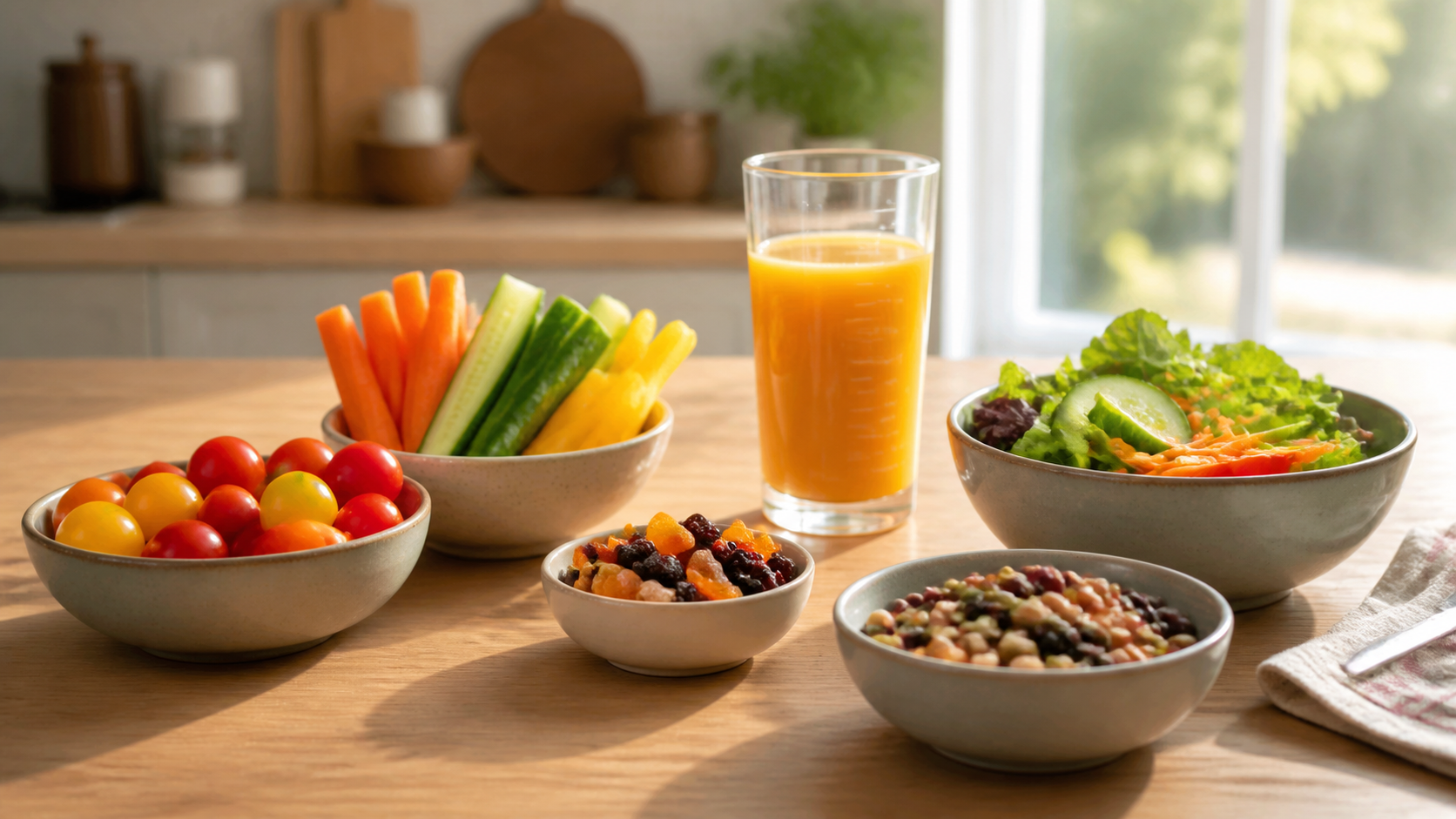 Bowls of fresh vegetables, mixed beans, dried fruit, a salad, and a glass of orange juice on a wooden table.